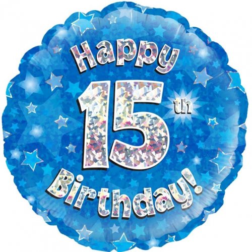 18 Inch Blue Holographic 15th Birthday Foil Balloon