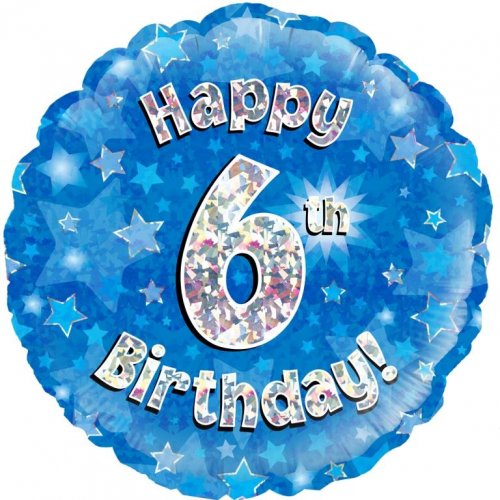 18 Inch Blue Holographic 6th Birthday Foil Balloon